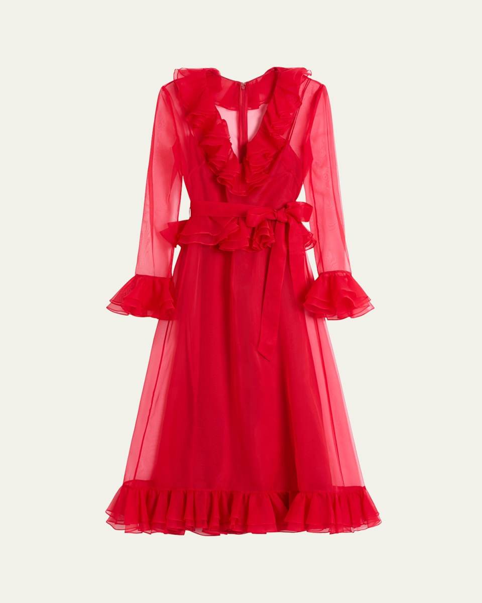 V-Neck Sheer Organza Ruffle Midi Dress